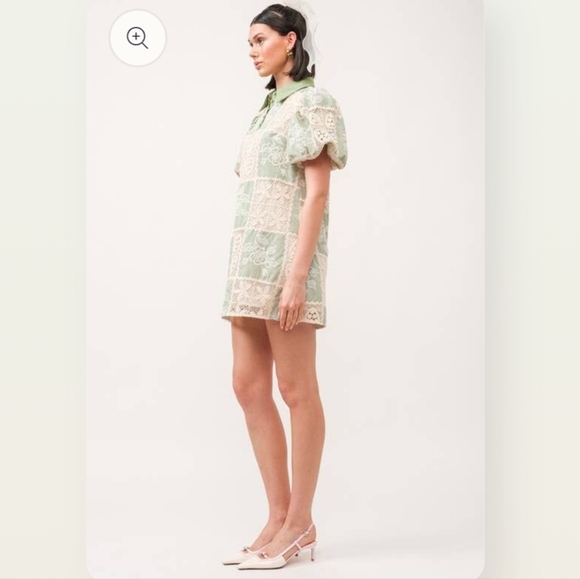 Sofie The Label Carmine Green Cream Crochet Puff Short Sleeve Mini Dress - Picture 2 of 13
